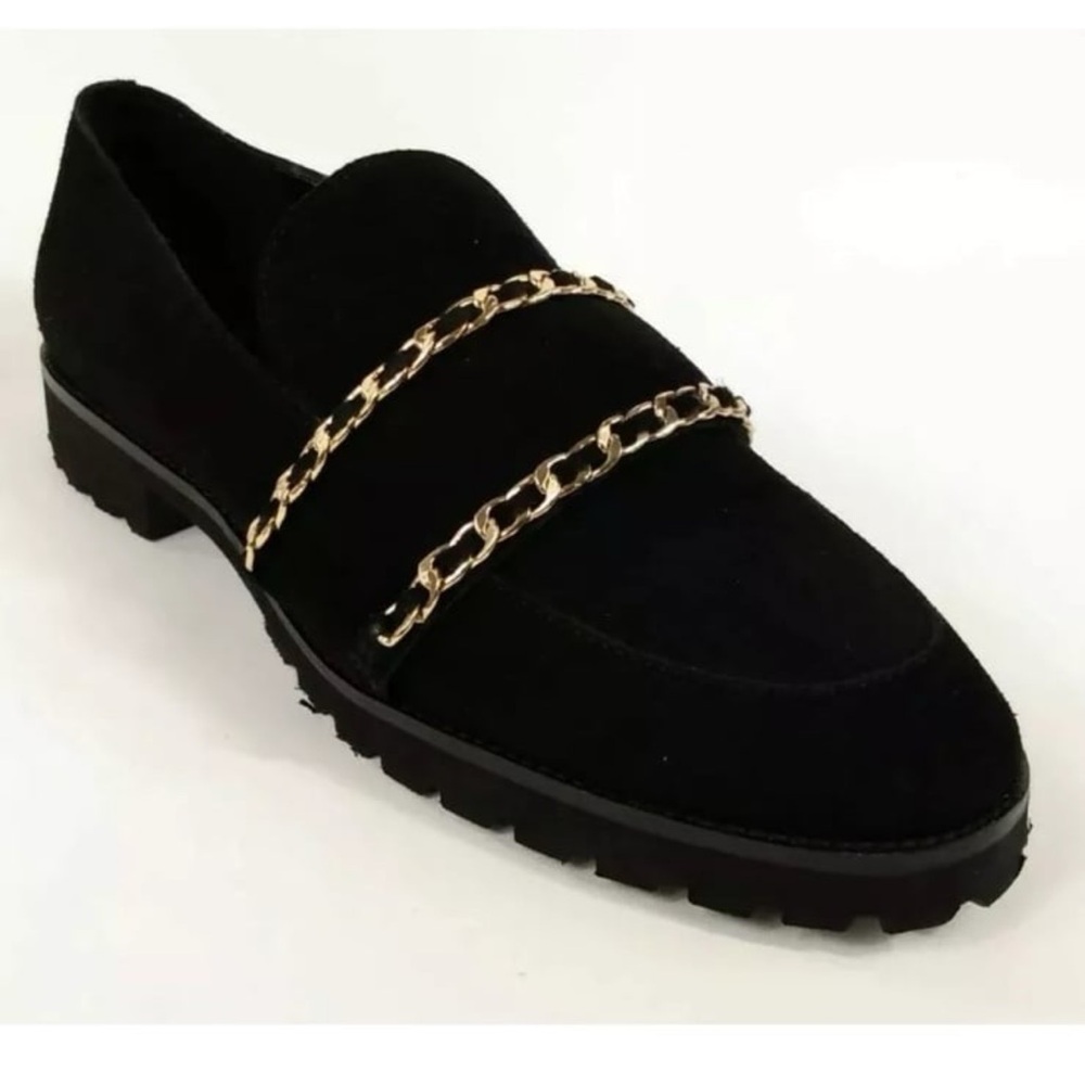 Karl Lagerfeld Women's Flats Irene Suede Leather Gold Chain Slip-On
